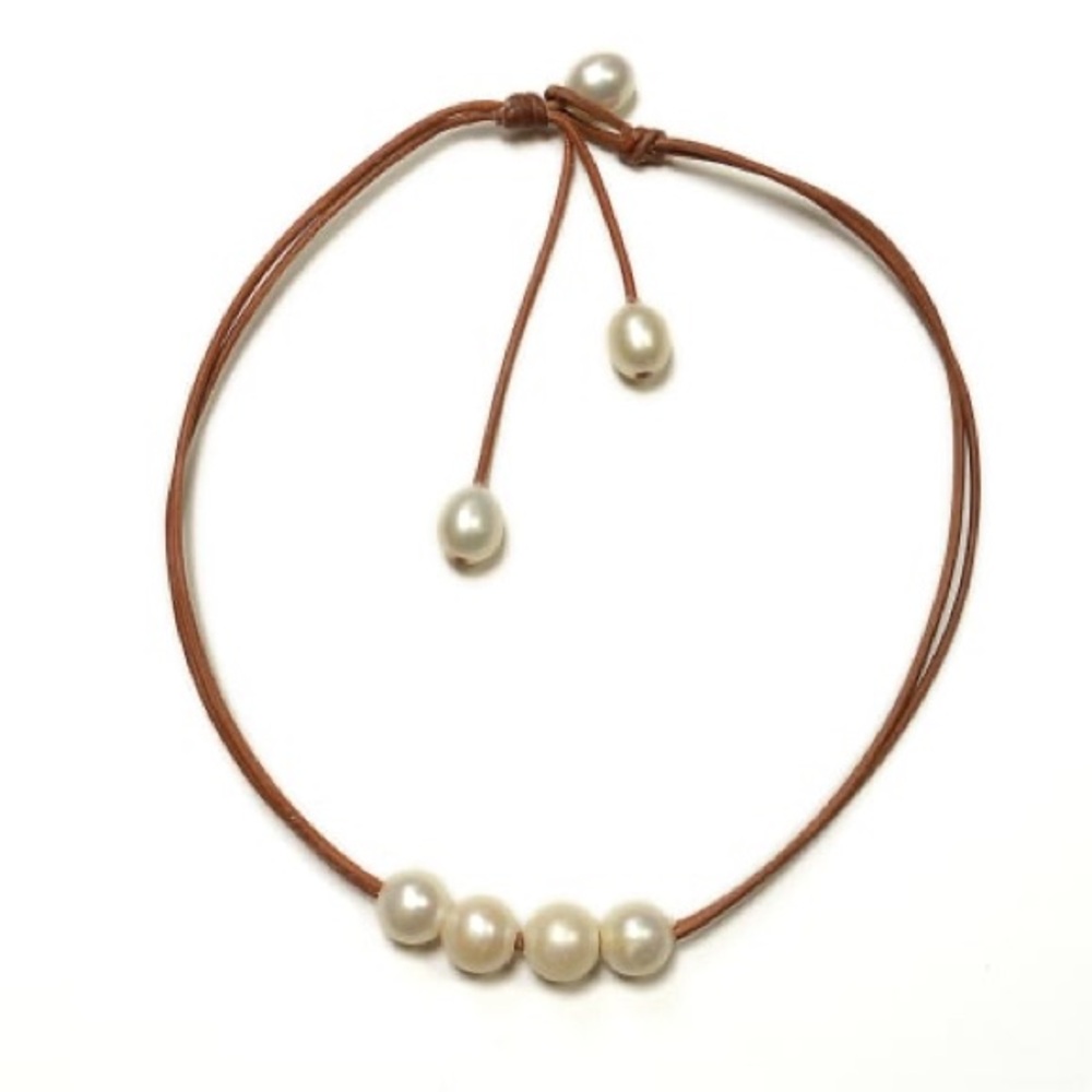 Wendy Mignot Brown Leather and Pearl Necklace